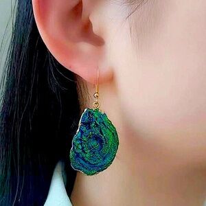 Vintage French Crystal Blue Shell Design Gold Dangle Boho Earrings